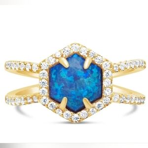 NWT 14K Gold Plated Sterling Silver Created Opal Gemstone Double Row Band Ring 6